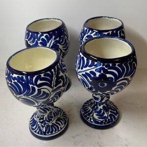 Blue & White Handpainted Talavera Mexican Pottery Wine Cups/Goblets Set of Four